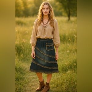 AS-HRO Dark Wash Frayed Denim Boho Chic Midi Skirt with Pocket – Size M